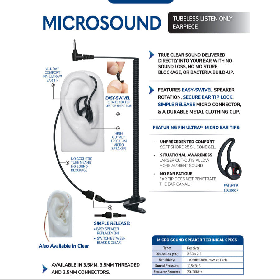 Earphone Connection Listen only 3.5mm micro speaker with Fin Ultra ear tips - Black-Tactical Source LLC