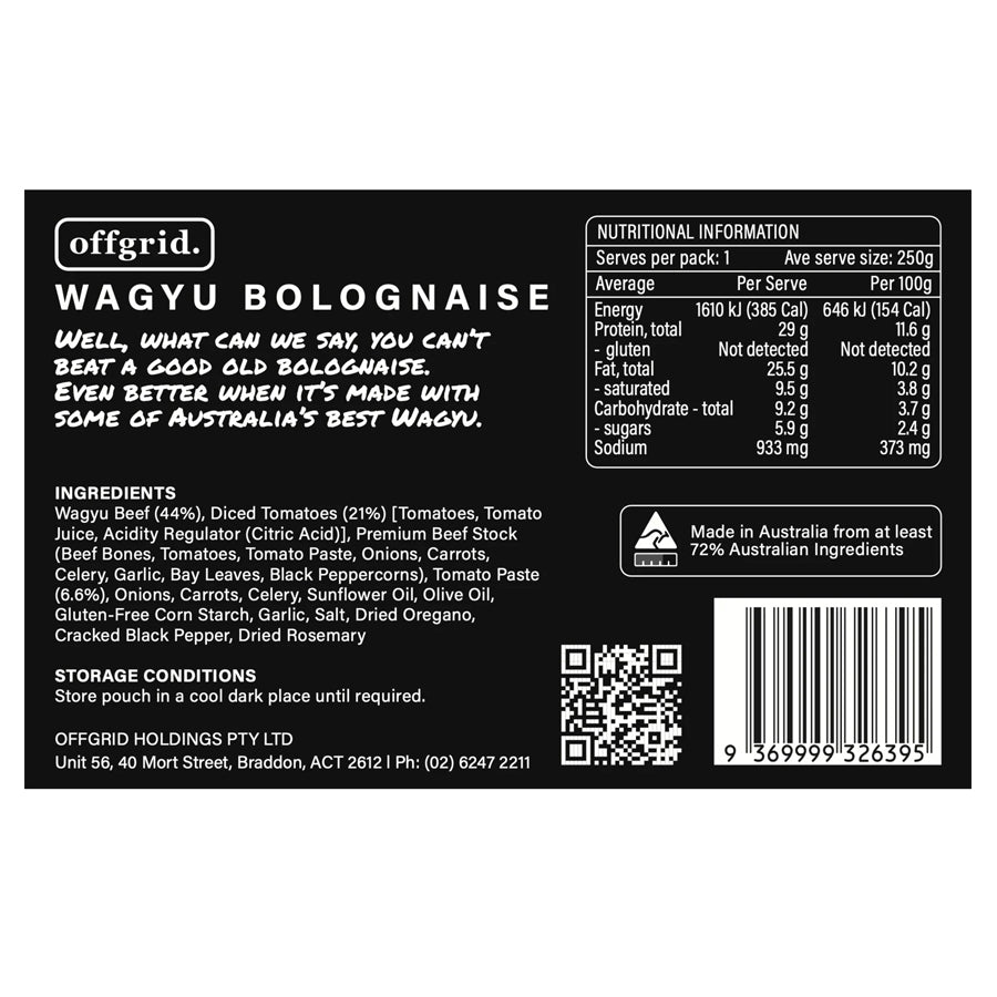 Offgrid Provisions Wagyu Bolognaise - Heat & Eat Meal-Tactical Source LLC