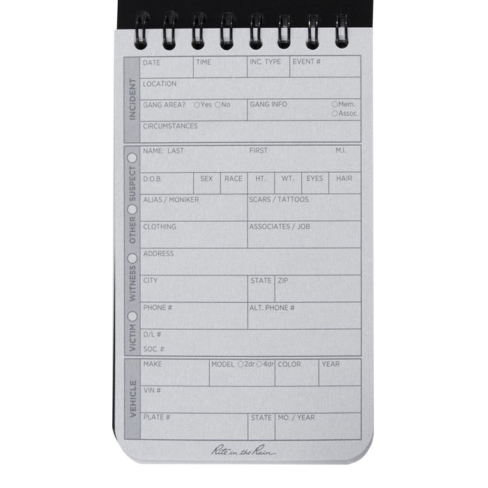 Rite in the Rain Top Spiral 3 x 5 Field Interview Polydura NotebooK Field Interview Form/Notes Black-Tactical Source LLC