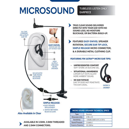 Earphone Connection Listen only 3.5mm micro speaker with Fin Ultra ear tips - Black-Tactical Source LLC